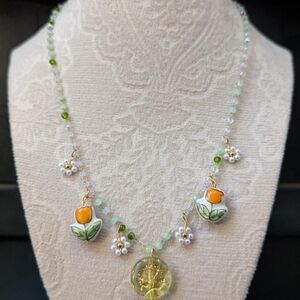 Asymmetrical Orange and Green Beaded Necklace